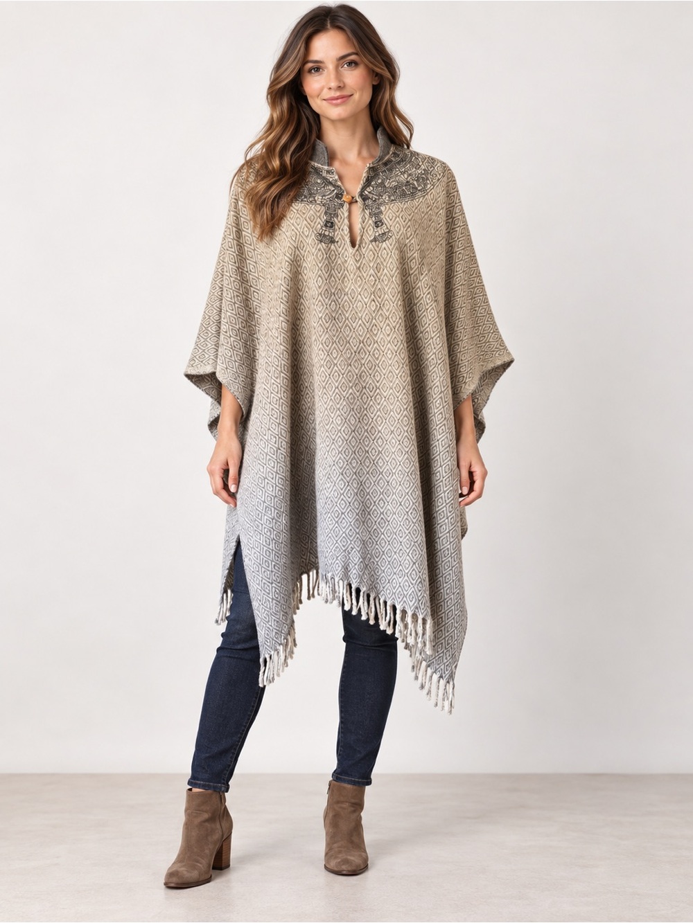 Wool Poncho Taupe Gray Geometric Pattern Fringe Boho Cape